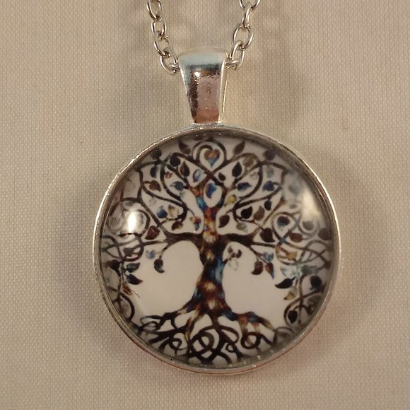 Silver Tree of Life Cabochon Pendant Necklace 20" Party Gift - Picture 2 of 4